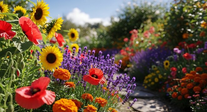 Vibrant Garden Path With Sunflowers And Colorful Blooms.