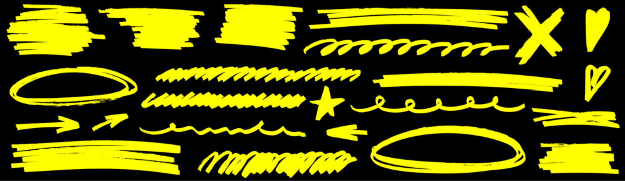 Dynamic highlight with marker shapes attention, highlight glides on the line as arrow directs, marker accents circle, pen, underline and stroke.