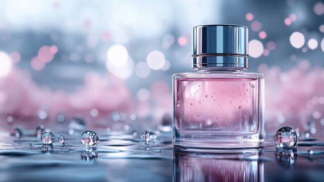 Detailed 3D render of serum bottle with water droplets, illuminated background enhancing clarity.
