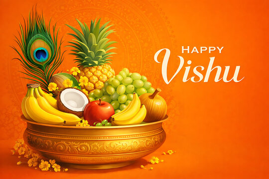Decorative greeting card illustration for vishu showing traditional fruits peacock feather and mirror in golden bowl for the malayalam new year and celebrated hindu festivals