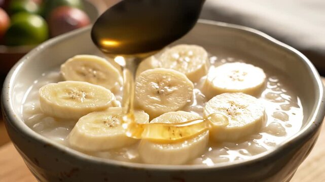 Close-up of sliced bananas being added to a bowl of creamy dessert, followed by a spoon drizzling syrup over the top in a warm kitchen setting