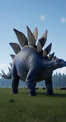 Fototapeta premium Stegosaurus dinosaur in green landscape.
