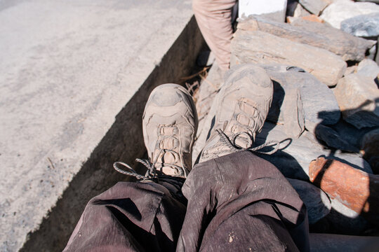 Dusty Hiking Boots After Long Trek on Himalayan Trail Near Manang Nepal