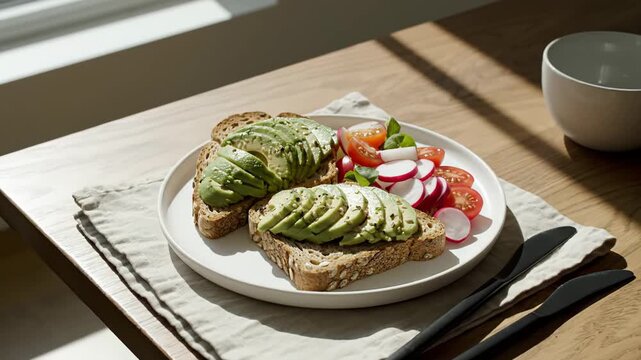 Freshly prepared avocado toast on whole grain bread with sliced tomatoes and radishes arranged on a white plate, set on a wooden table with natural light streaming in