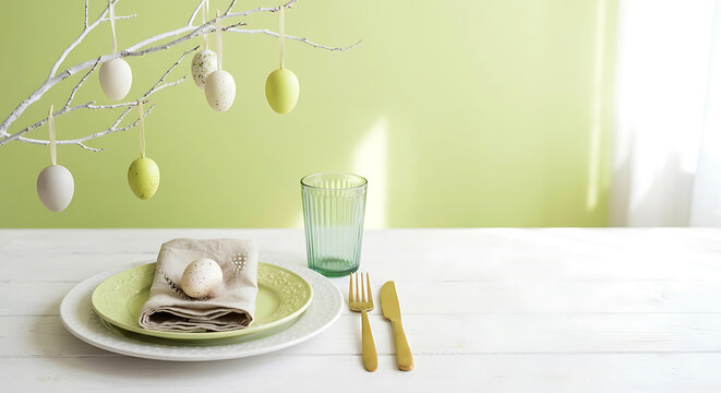 Minimalist Easter Table Setting with Lime Green Plates and Hanging Decorative Eggs. Spring Lifestyle Composition with Branch Decor and Negative Space on White Wood.