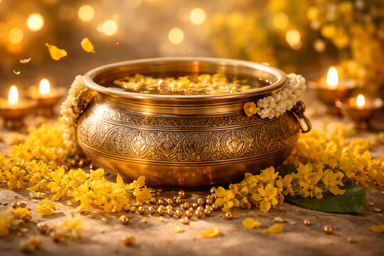 Traditional brass uruli with golden shower flowers for vishu celebration representing prosperity during the malayalam new year and other auspicious hindu festivals in southern india