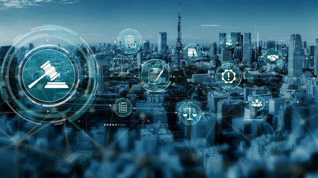 Futuristic digital law interface displaying justice scale, highlighting digital law, AI compliance, digital law systems, and digital law regulations for secure governance. Muxer