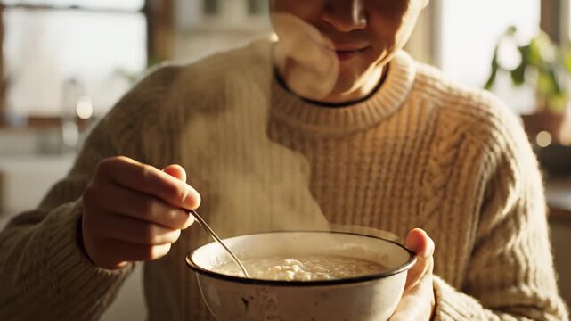 Asian male in cozy sweater enjoys steaming bowl of oatmeal while stirring with a spoon, warm sunlight illuminating the kitchen setting with plants in the background