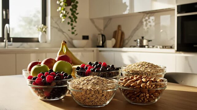 Colorful assortment of fresh fruits and nuts in glass bowls on wooden kitchen table, with bright sunlight illuminating modern kitchen interior and countertop appliances