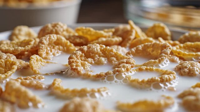 Close-up of golden cornflakes being poured with milk in a white bowl, showcasing the texture and interaction of cereal and liquid in a cozy kitchen setting