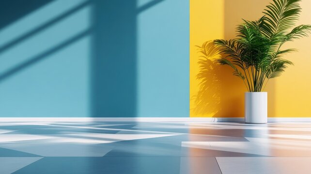 Geometric tile pattern on sunlit atrium floor.