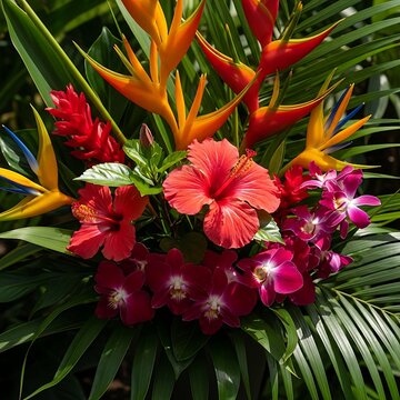 Vibrant Tropical Floral Arrangement with Hibiscus and Bird Paradise.