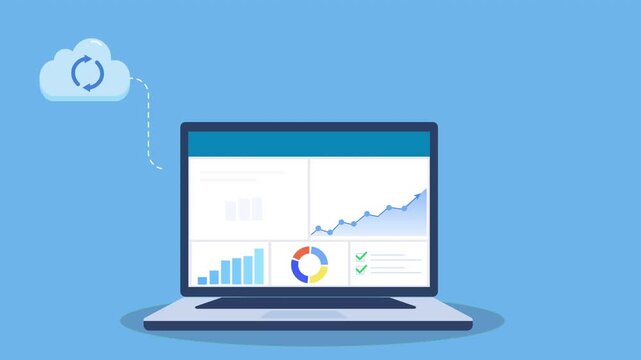 Flat animation of a laptop displaying analytics dashboard with cloud sync completing into checkmark and rising charts, illustrating successful data synchronization and performance monitoring.