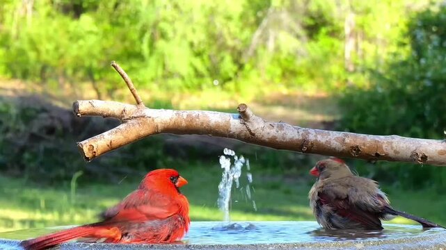 A video of a male and female cardinal taking a bath in a serene outdoor water feature surrounded by lush greenery and a fallen tree branch.