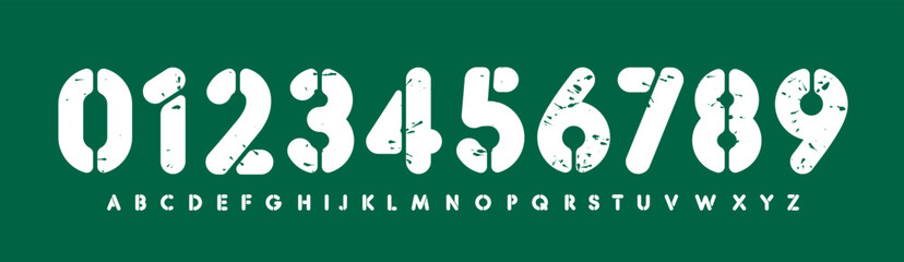 Bold stencil numbers and letters set, worn font alphabet on green background. Grunge urban typography for poster, logo, branding, label, bold block design. Block fonts collection. Vector illustration. © artyway