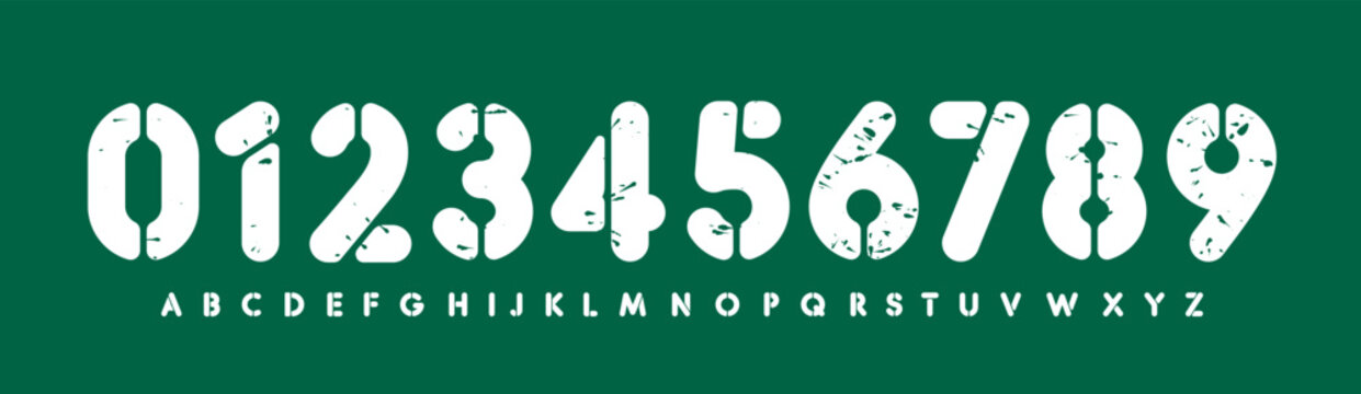 Bold stencil numbers and letters set, worn font alphabet on green background. Grunge urban typography for poster, logo, branding, label, bold block design. Block fonts collection. Vector illustration.
