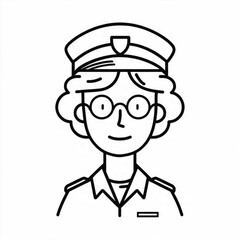 Fototapeta premium Hand Drawn Elderly Female Police Officer Black and White Illustration in Minimal Line Art Style Design