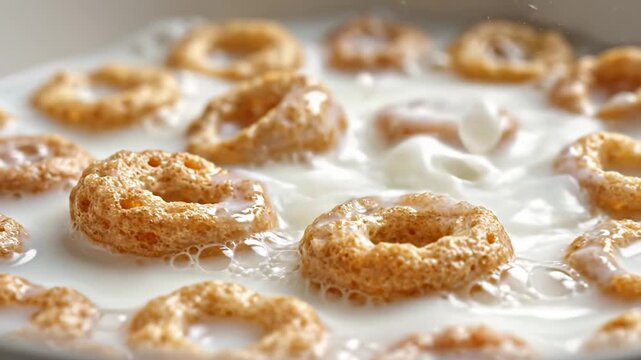 Close-up macro lens view of cereal rings floating in milk with bubbles, showcasing the texture and color of the cereal in a shallow dish setting