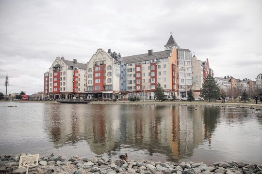 Krasnodar, Russia. - February 14, 2026: The German Village area of the city. House by the pond