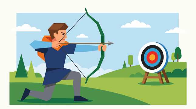 Young male archer in a kneeling position aiming his bow and arrow.