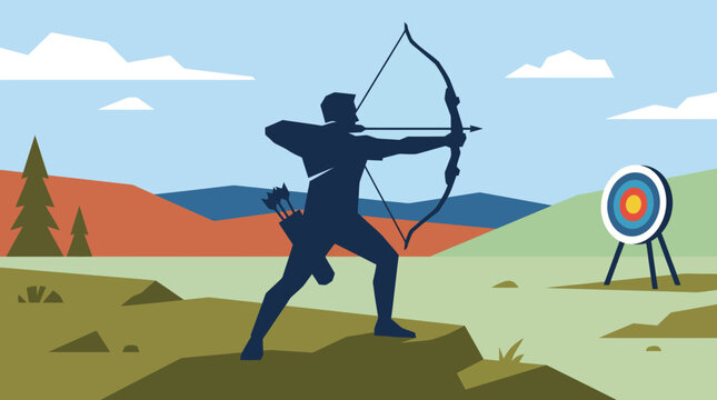 Vector illustration of an archer silhouette aiming a bow at a target.