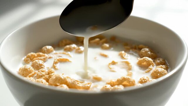 Close-up of cereal bowl with milk as spoon lifts cereal from the surface, showcasing the texture and interaction of food in a bright kitchen setting