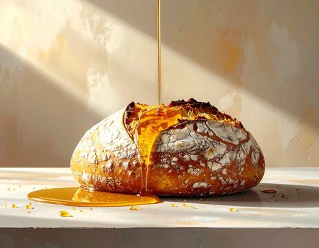 Premium Bakery Concept with Honey Dripping on Fresh Bread