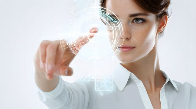 woman touching virtual screen