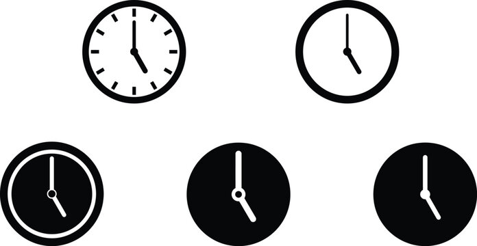Clock silhouette vector set showing five oclock time with wall clock designs