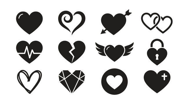 Set of black flat heart icons, romantic love symbols collection including broken, wings and padlock corazon vector