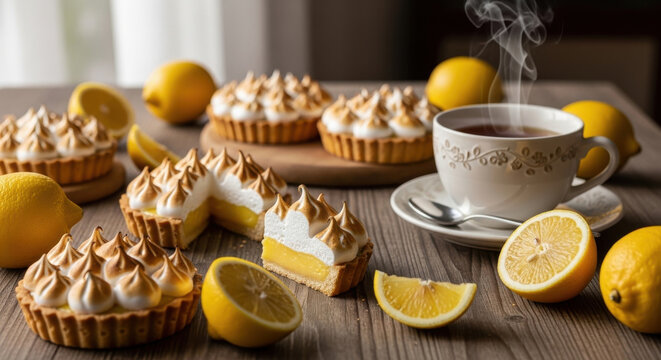 A delicious breakfast of tea with lemon and cookies served on a white plate makes for a fresh and sweet gourmet snack on the table