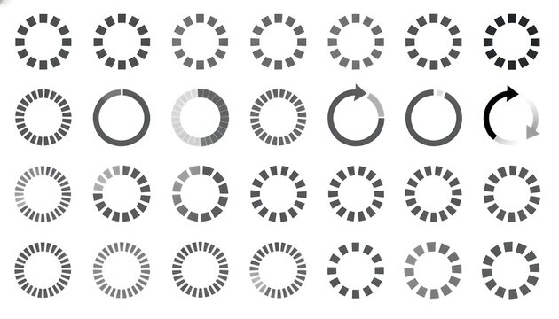Collection of diverse circular loading icons and progress indicators showcasing various stages of completion and animation presented on a clean white background