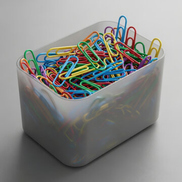 A top view of colorful plastic and metal paper clips in a box provides essential office and school supplies for business stationery and organizing paper objects