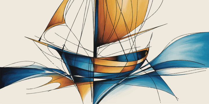 Vector illustration of a nautical sailing yacht ship with a mast and white sails cruising on blue summer sea waves under a bright sun as an abstract ocean travel background