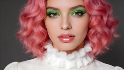 Fototapeta premium Woman with pink hair and green eyeshadow