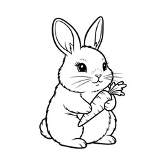 Fototapeta premium Cute cartoon bunny holding a carrot, line art illustration