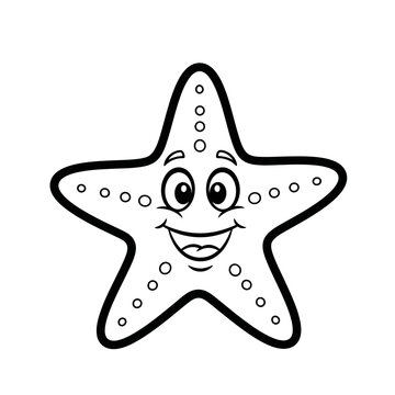 Cute cartoon starfish, black and white outline, happy face, ocean life illustration