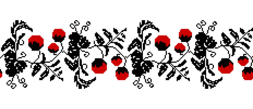 Vyshivanka with viburnum. National traditional inwrought embroidery texture with black and red colours. Detailed vertical seamless ornamental pattern. Textile print abstract background. Vector illustr