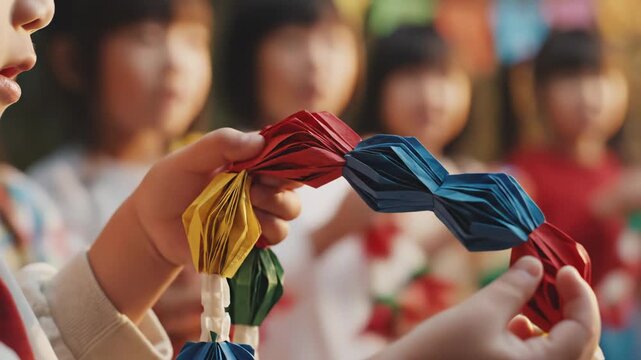 Young Asian girl carefully assembles colorful paper chains with red, yellow, and blue pieces while other children watch attentively in a vibrant outdoor setting