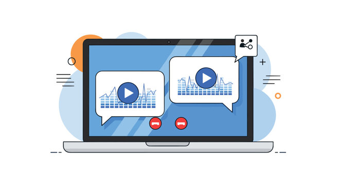 Video conferencing and digital communication concept on a laptop screen featuring audio waveforms and user avatars.