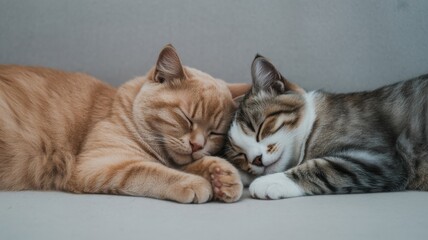 Plakat Two cute domestic cats sleeping together and touching heads on a plain background