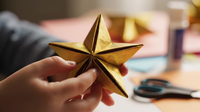 Child's hands carefully assemble a golden origami star, showcasing intricate folds and details, with colorful paper and crafting tools visible in the background