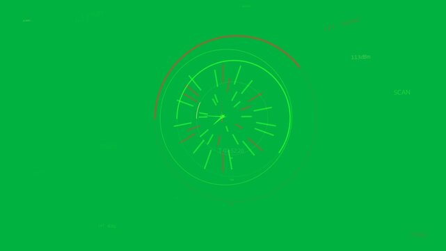 HUD radar starting scan, rings rotating, ticks pulsing, showing range on transparent background