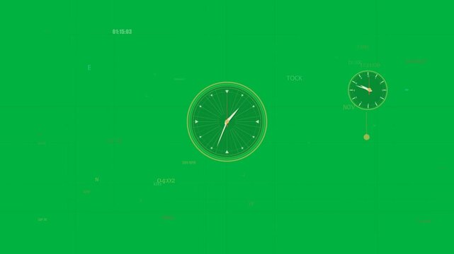 Starting timeline, HUD displaying central dial rotating, right analog clock shifting for data