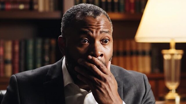 A middle-aged man with a shocked expression is holding a mobile device to his ear while sitting in a study with bookshelves in the background