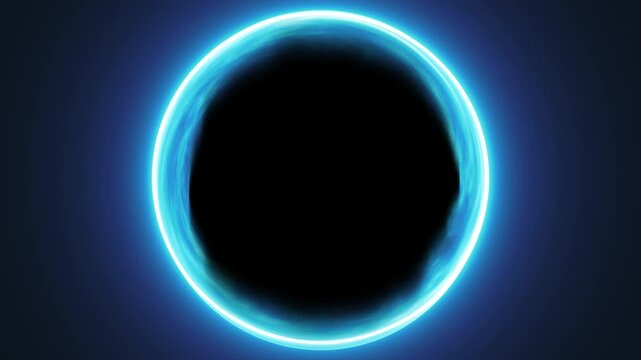 Glowing blue ring with soft neon halo on dark background, abstract futuristic circle with smooth light aura, minimal cosmic design with elegant energy