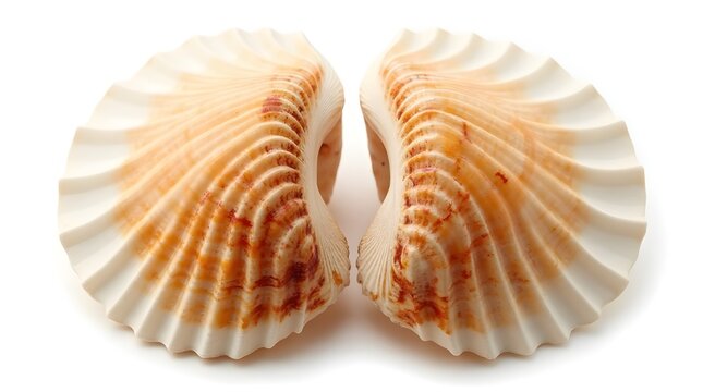 Two beautiful scallop seashells with orange and brown markings isolated on a white background.