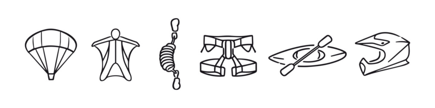 Collection of extreme sports equipment icons including parachute, wingsuit, and kayak