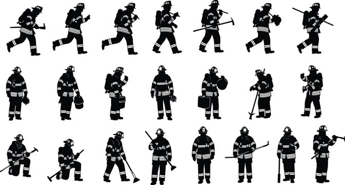 Collection of firefighter silhouettes featuring professional rescuers in full gear with axes and tools for emergency service posters, fire safety infographics, and hero concepts.
