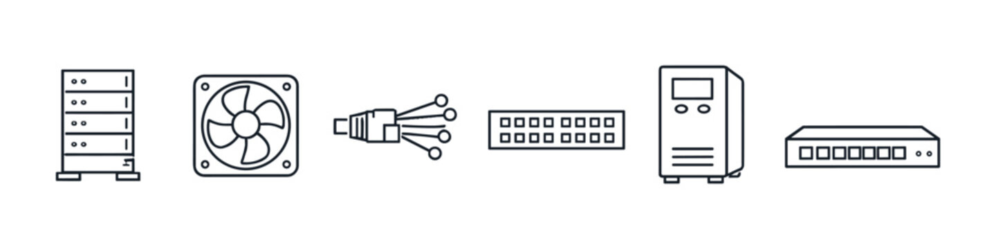 Collection of computer hardware components and network devices in line art style